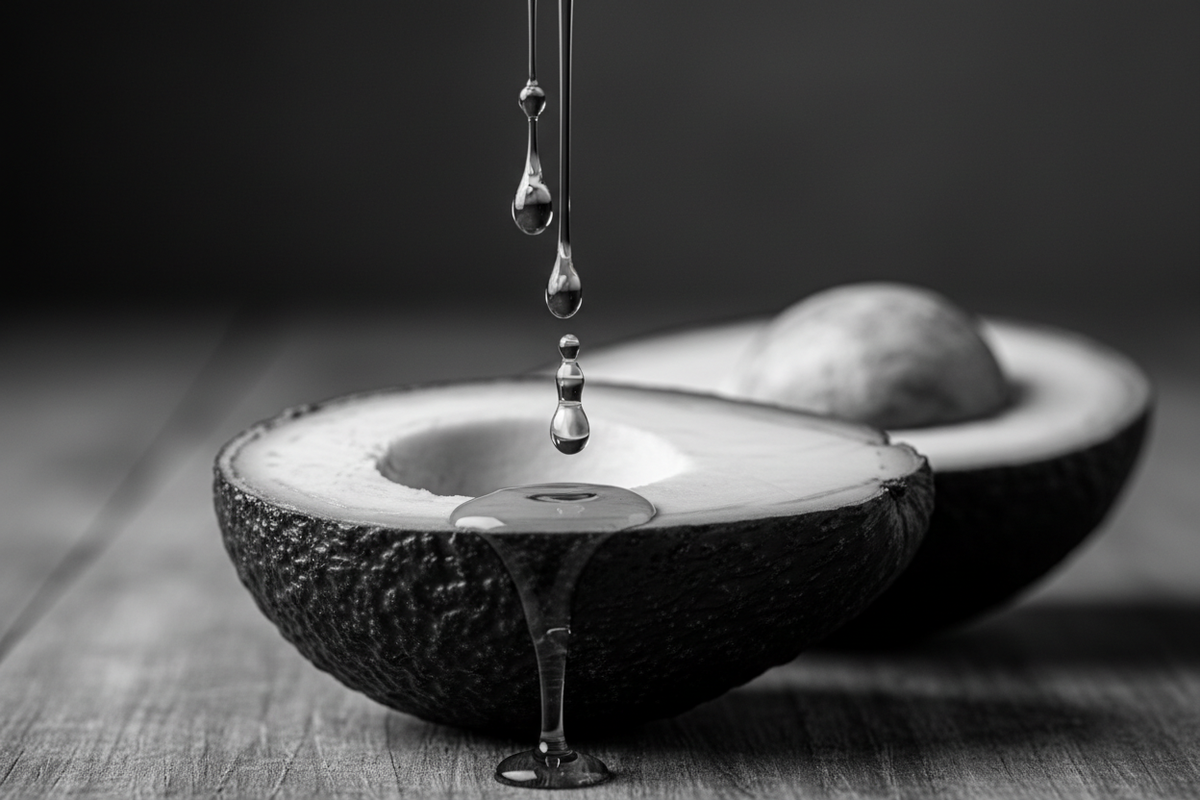 avocado oil dripping onto an avocado black and white photo